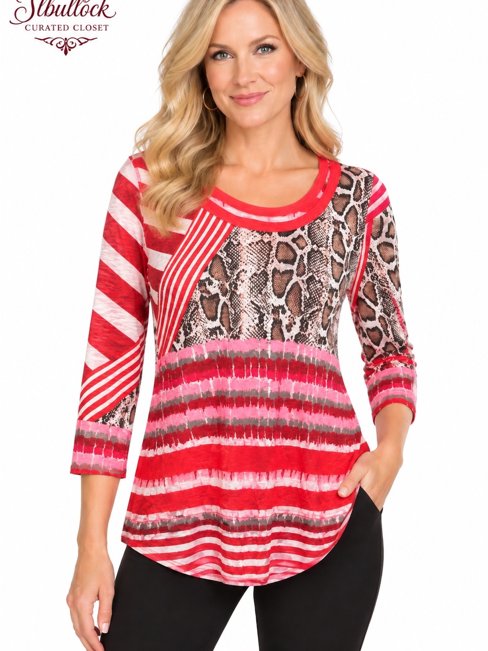 David Cline Medium Mixed Print Animal Stripe 3/4 Sleeve Tunic Top